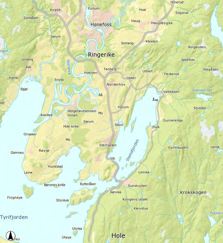 Landskapsanalyse Vurdering av landskapsbildets verdi Figur 3-01 Overordnet vegetasjonsmønster Leirsletteområdet stiger svakt fra Tyrifjorden mot nord. Høydeforskjellen er på rundt 100 m.