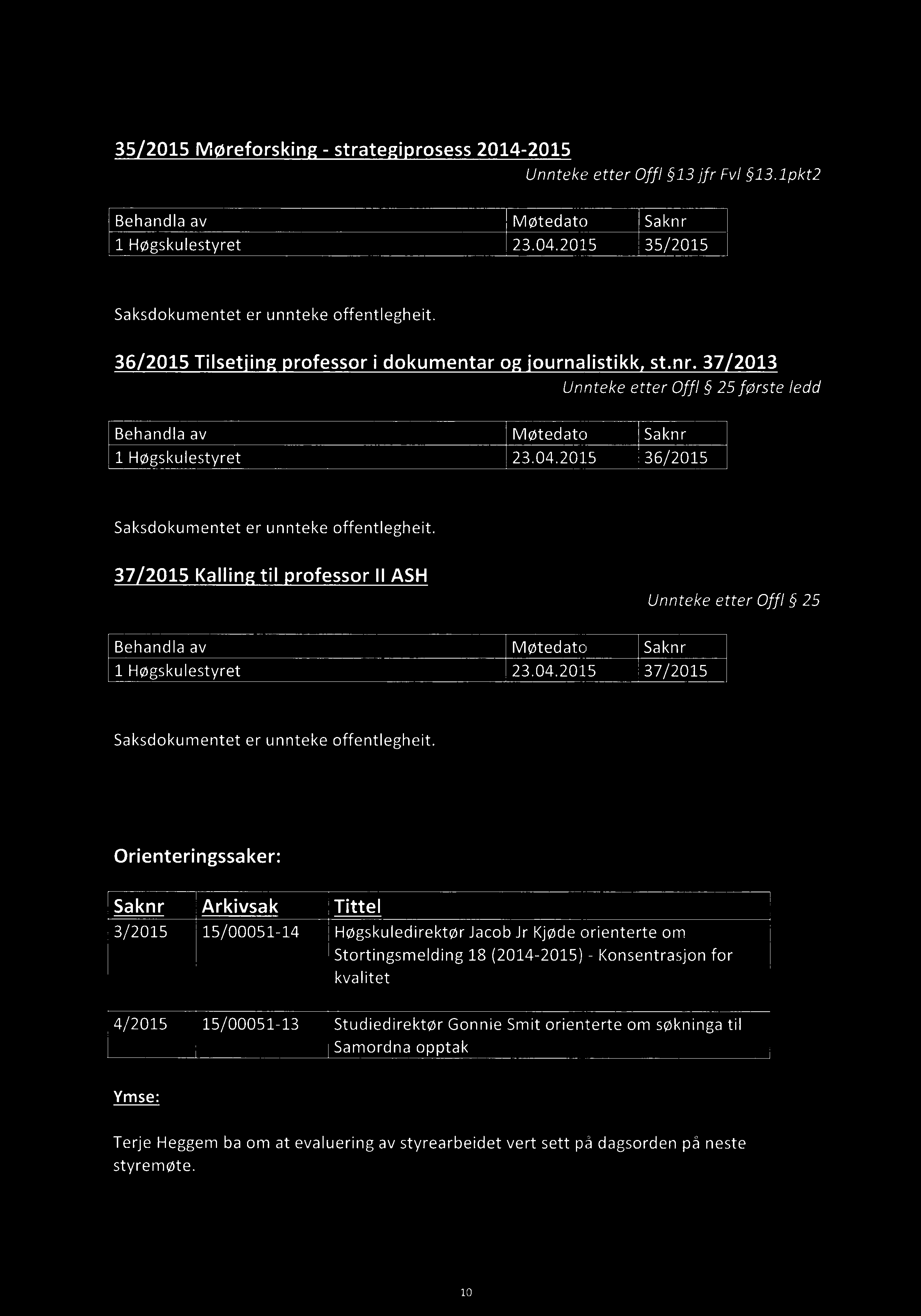 37 2015 Kallin til rofessor II ASH Unnteke etter Offl 25 1 Høgskulestyret 23.04.2015 37/2015 Saksdokumentet er unnteke offentlegheit.