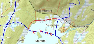 En mindre omlegging av løypetraseen som merket på kartutsnittet under vil gjøre det mulig å vedlikeholde skiløype rundt Storvassåsen uten å krysse vann.