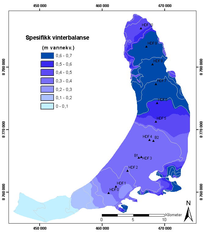 Ovenfor HDF10 ble balansegradienten ekstrapolert. Snødypet varierer for mye i intervallet 1000 1100 moh. til å vise en klar trend. Som et anslag er vinterbalansen over 1120 moh. satt konstant til 0.