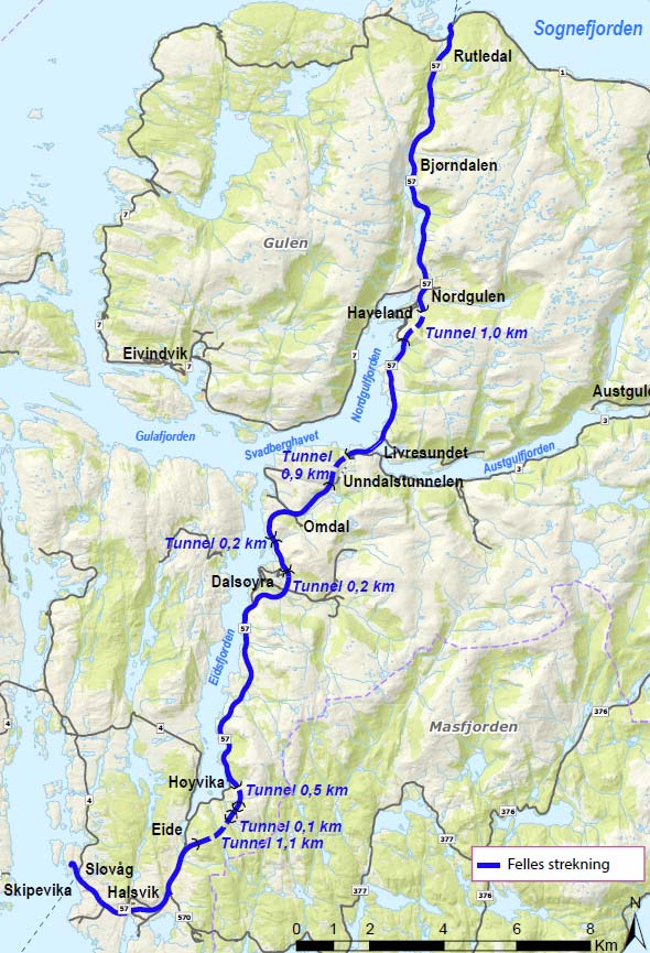 Figur 4-1: Kart med aktuell løysing for kystvegen på