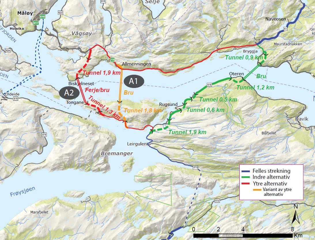 dette som tek mest omsyn til kystvegen som hovudveg nord-sør, og dette bør leggast vekt på ved val av trasé. Herifrå til Bryggja følgjer det ytre alternativet rv. 15, slik den ligg i dag.