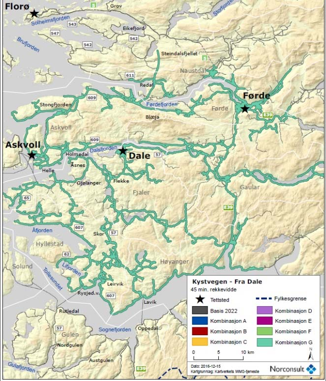 Vurdering Med dagens vegsystem når ein både Askvoll, Sande, Naustdal, Førde og sørover til Sognefjorden, på 45 minutt frå Dale.