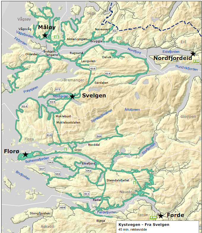 Vurdering Med dagens vegsystem når ein Florø, Bremangerlandet og Eikefjorden på 45 minutt frå Florø.