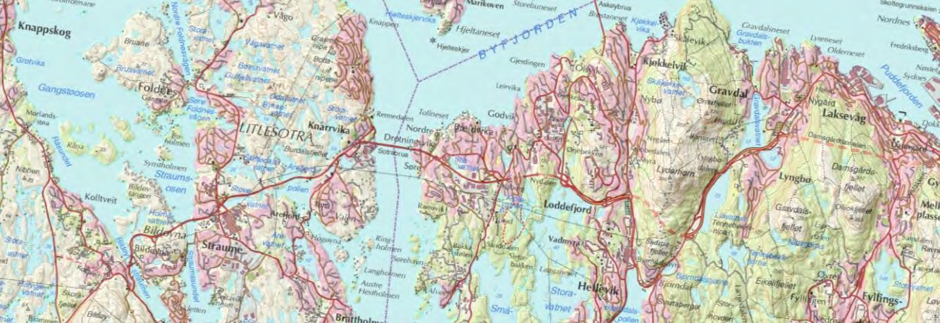 1 Innledning 1.1 DAGENS SITUASJON 1.1.1 Planområdet, hovedtrekk Sambandet mellom Sotra og Bergen, kommunedelplan rv. 555 Kolltveit - Storavatnet Rv. 555 Storavatnet - Liavatnet Figur 1.1. Sotrasambandet, kommunedelplan for hovedsambandet rv.