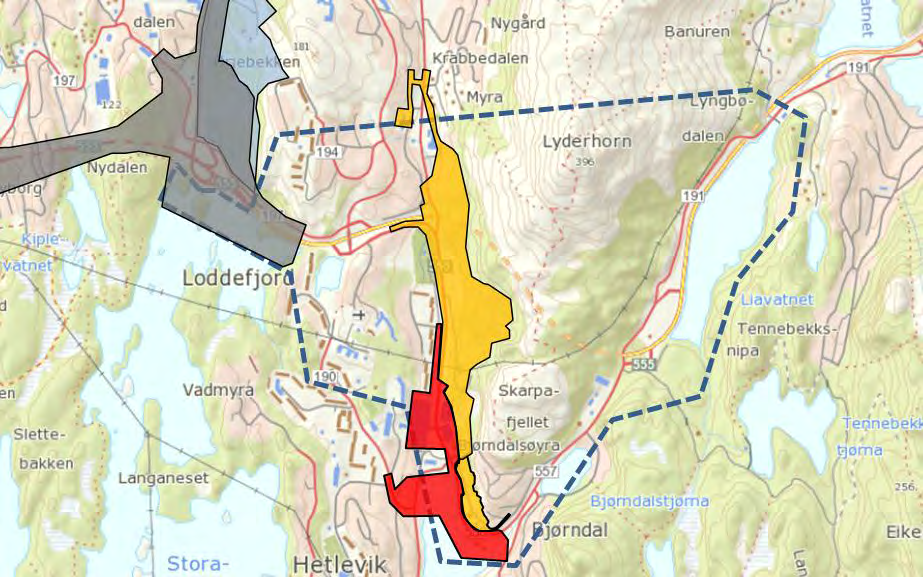 Figur 1.7. Utklipp fra Bergen kommunes kommuneplan, med studieområdet for rv. 555 Storavatnet- Liavatnet inntegnet. 1.4.