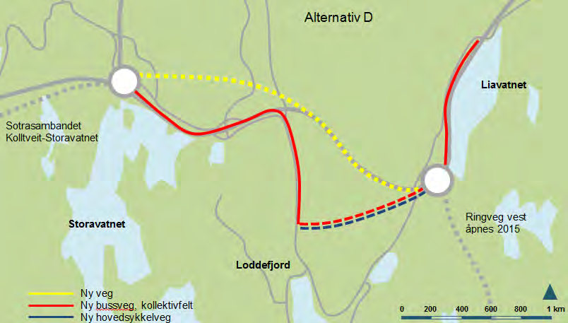 alternativ D og G som kombinerer kollektivfelt med flytting av vegtrafikken i tunnel for å gi rom for kollektivtrafikk på dagens vegnett og for å reduseres støy og barriereeffekt ved Olsvikkrysset og