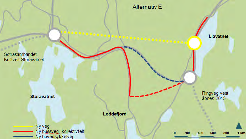 I tillegg etableres egen kollektivtunnel kombinert med sykkeltunnel mellom Loddefjord og Liavatnet.