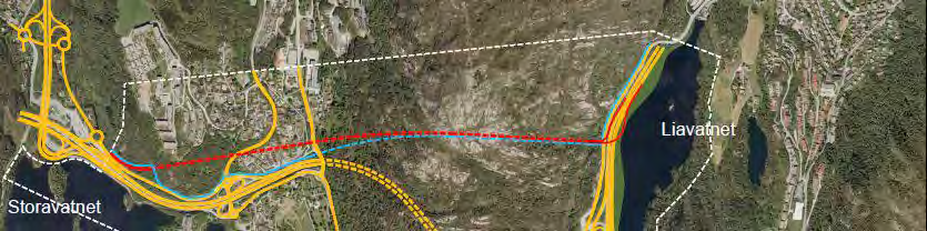 I vestre del vurderes også en variant med forlenget busstunnel mot vest for å hindre inngrep og påvirkning i boligområdet vest for Lyderhorntunnelen. Busstraseen via tunnelen blir ca.