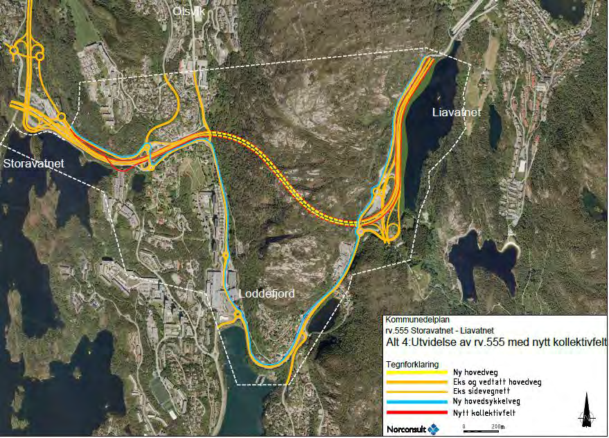 2.3.4 Alt. 4: Utvidelse av Lyderhorntunnelen med nye kollektivfelt Hovedformål: Sikre god og sikker framkommelighet for kollektivtrafikken mellom Storavatnet og Liavatnet og videre langs rv.