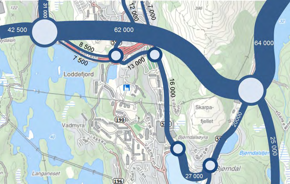 Loddefjorddalen til Lyderhorntunnelen. Trafikken fra dagens situasjon til nullalternativet i 2030 øker dermed med nesten 60 prosent i tunnelen og halveres i Loddefjorddalen.