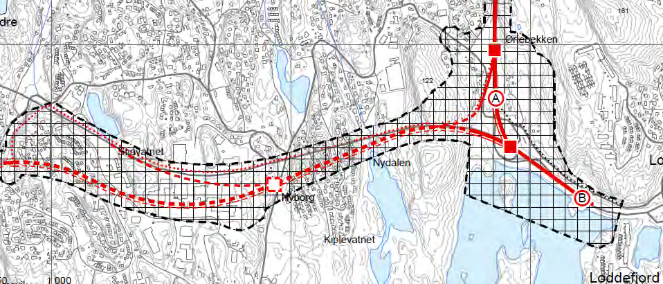 ved Storavatnet og Lyderhorntunnelen er mer eller mindre er et sammenhengende kjede av flettefelt og avog påkjøringsfelt for hovedkrysset ved Storavatnet og Olsvikkrysset.