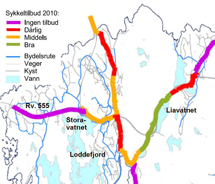 I Loddefjorddalen åpnet det høsten 2012 nytt sykkelfelt. Den røde signaturen der er dermed nå endret til grønn. Figur 3.13.