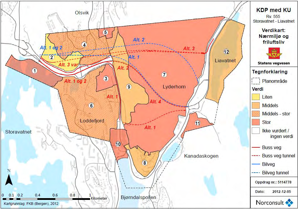 Figur 4.3. Verdikart for nærmiljø og friluftsliv. 4 Brønndalsåsen-Olsvikskjenet Tettbygd boligområde med blokkbebyggelse, flermannsboliger, eneboliger, idrettsanlegg og turveger. Området inn mot rv.