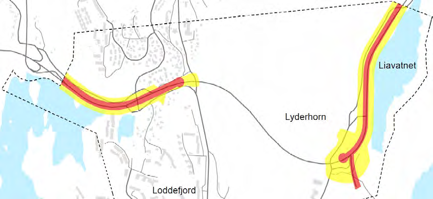 Alternativ 0, 3 og 4 Alternativ 1 og 2 Figur 4.7. Avgrensning av gul og rød sone for luftforurensing etter T-1520.