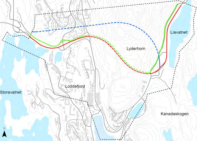 Buss: Ny kollektivtunnel på ca. 800 meter etableres mellom Loddefjord og Liavatnet. Dette korter inn dagens ruter opp Bjørndalsbakken med knapt en km. Kollektivfelt foreslås også langs dagens rv.