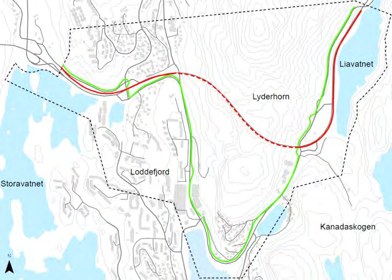 1,7 km i dette alternativet og endre i vest inn mot nytt kryss ved Storavatnet.