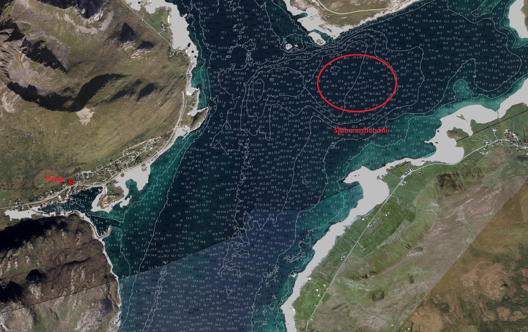 Søknad om tillatelse til mudring og dumping Napp havn: Vedlegg 6 Sjøbunnsdeponi Bildet viser lokalisering av sjøbunnsdeponiet i forhold
