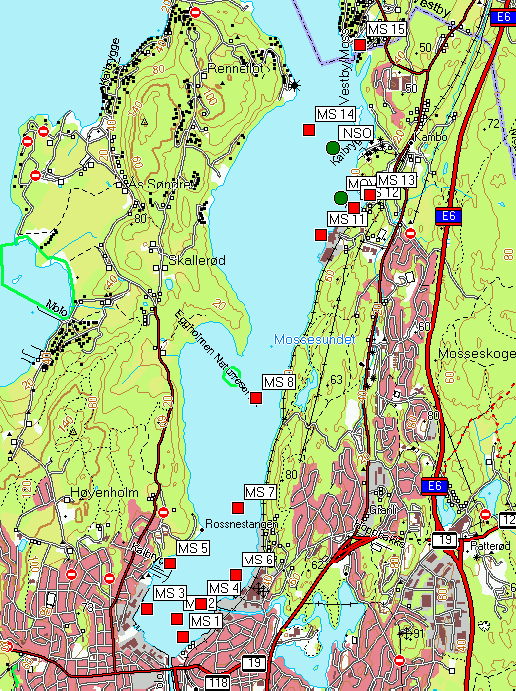 Figur 4. Kart over stasjoner i Mossesundet (røde firkanter).