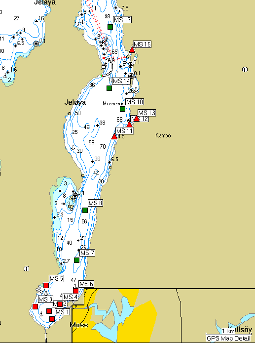 Figur 15. Kart over Mossesundet med inntegning av stasjoner som inngår i risikovurderingen. Stasjonene er inntegnet med forskjellige symboler avhengig av hvilke delområder de tilhører.
