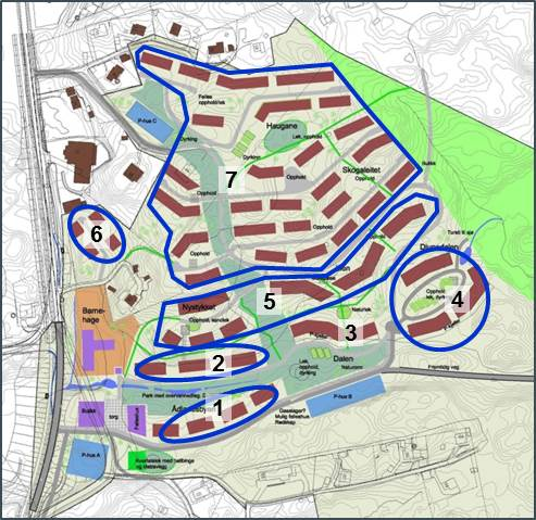 3. Ådland: områdeinndeling, bolig- og bygningstyper 3.1 Ådland boligområder og bygningsmasser I skisseprosjekt for utnyttelse av området (Norconsult, mai 2012, se figur 3.