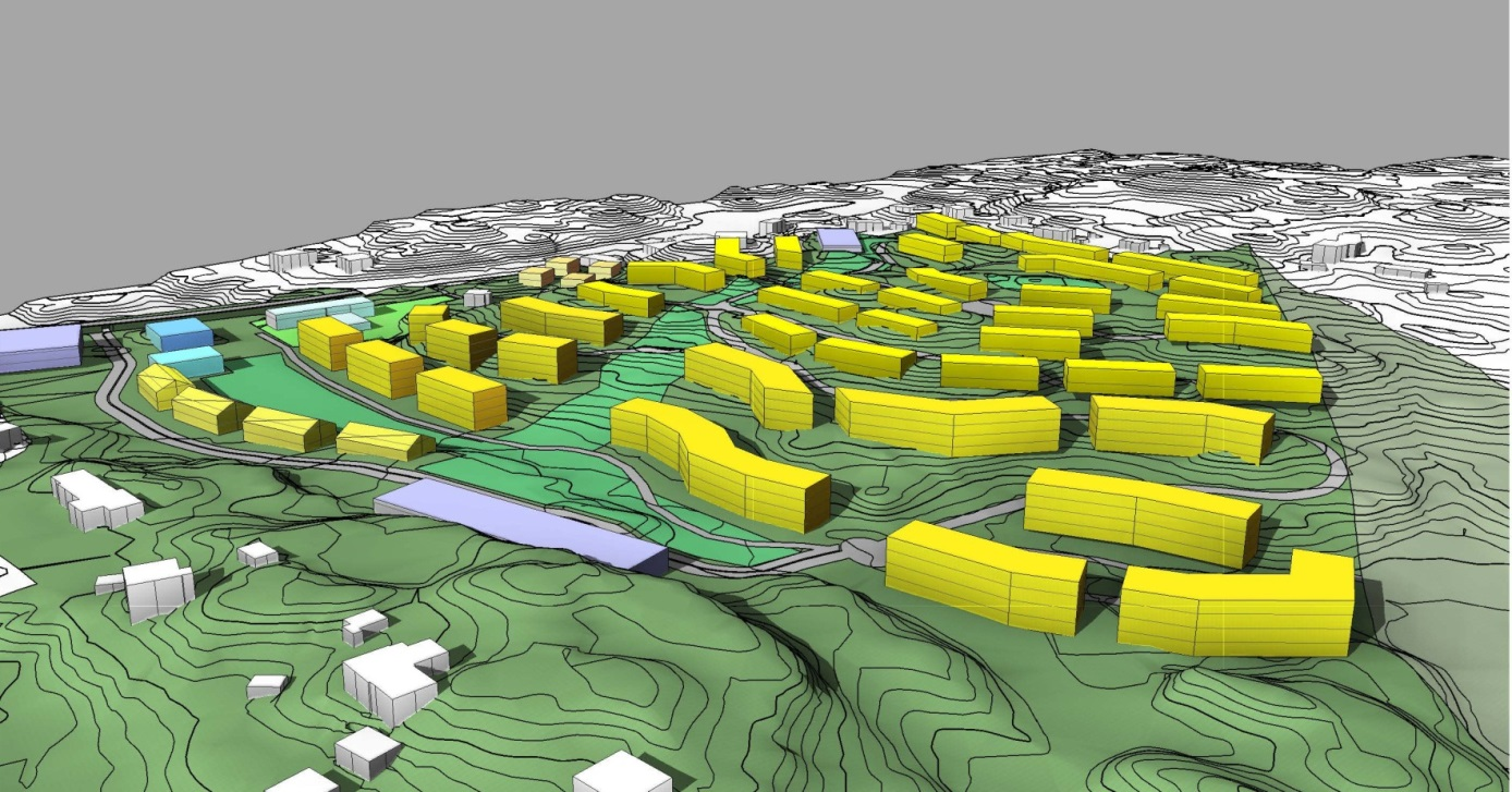 Figur 3.1 b og figur 3.1 c viser topografi for området og volumstudien gjennomført av Norconsult i 2012. De høyeste blokkene sentralt på området ligger også i området med størst helning.