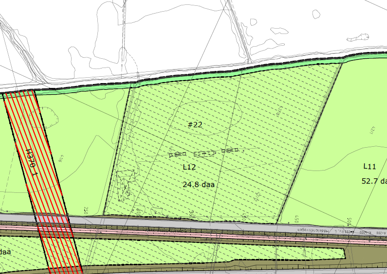 Over arealformålet er det vist skravur (#22) som fastsetter at arealet skal nyttes til midlertidig anlegg- og riggområde.