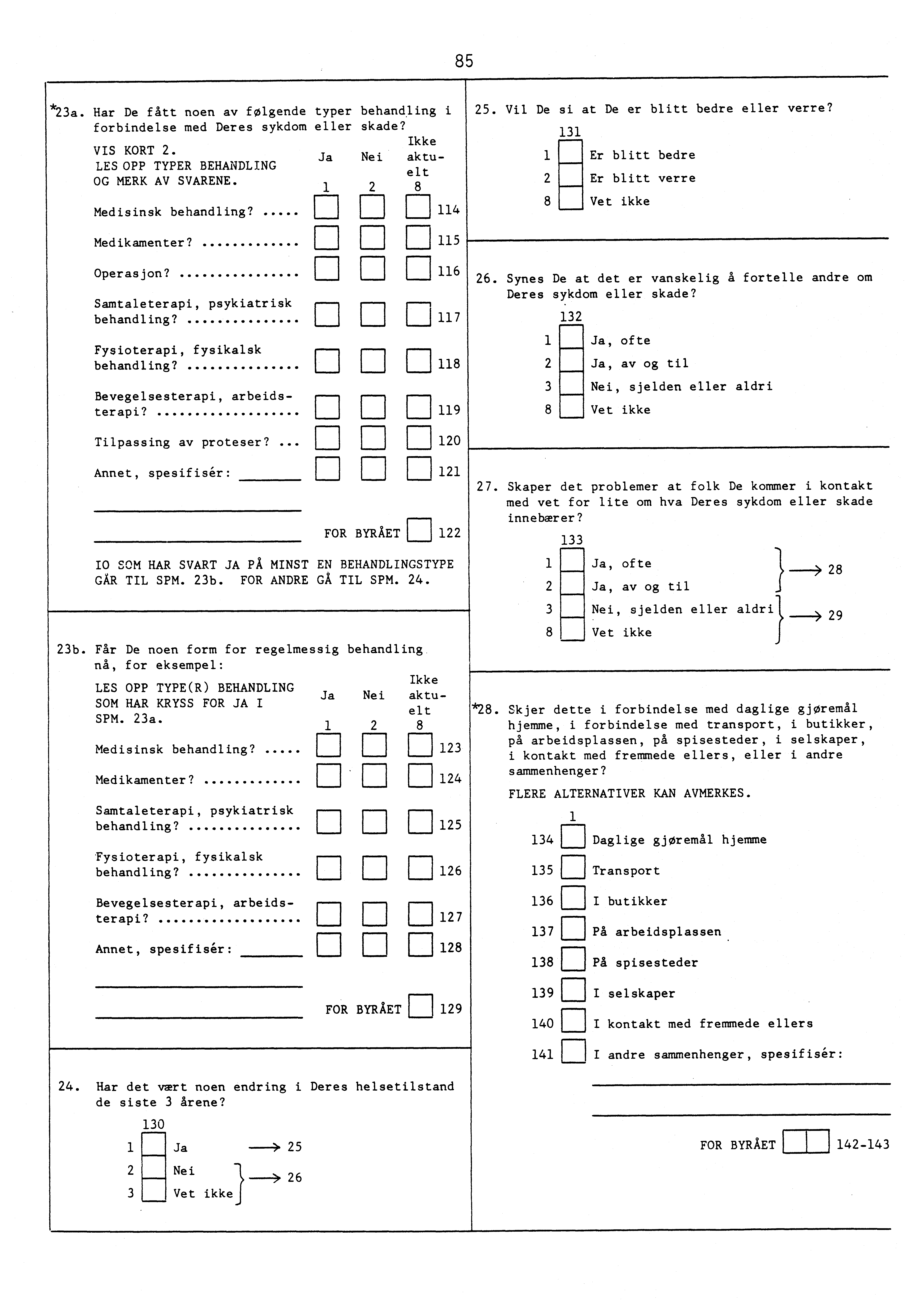85 *a. Har De fått noen av følgende typer behandling i forbindelse med Deres sykdom eller skade? Ikke VIS KORT. Ja Nei aktuelt LES OPP TYPER BEHANDLING OG MERK AV SVARENE. 8 Medisinsk behandling?