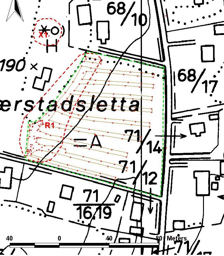 Kartutsnitt med innmålte sjakter og funn. ØK-kart CQ 049-5-2. Funn R1 Gbnr. 68/2, Kjærstad. Bosteningsspor fra jernalder.
