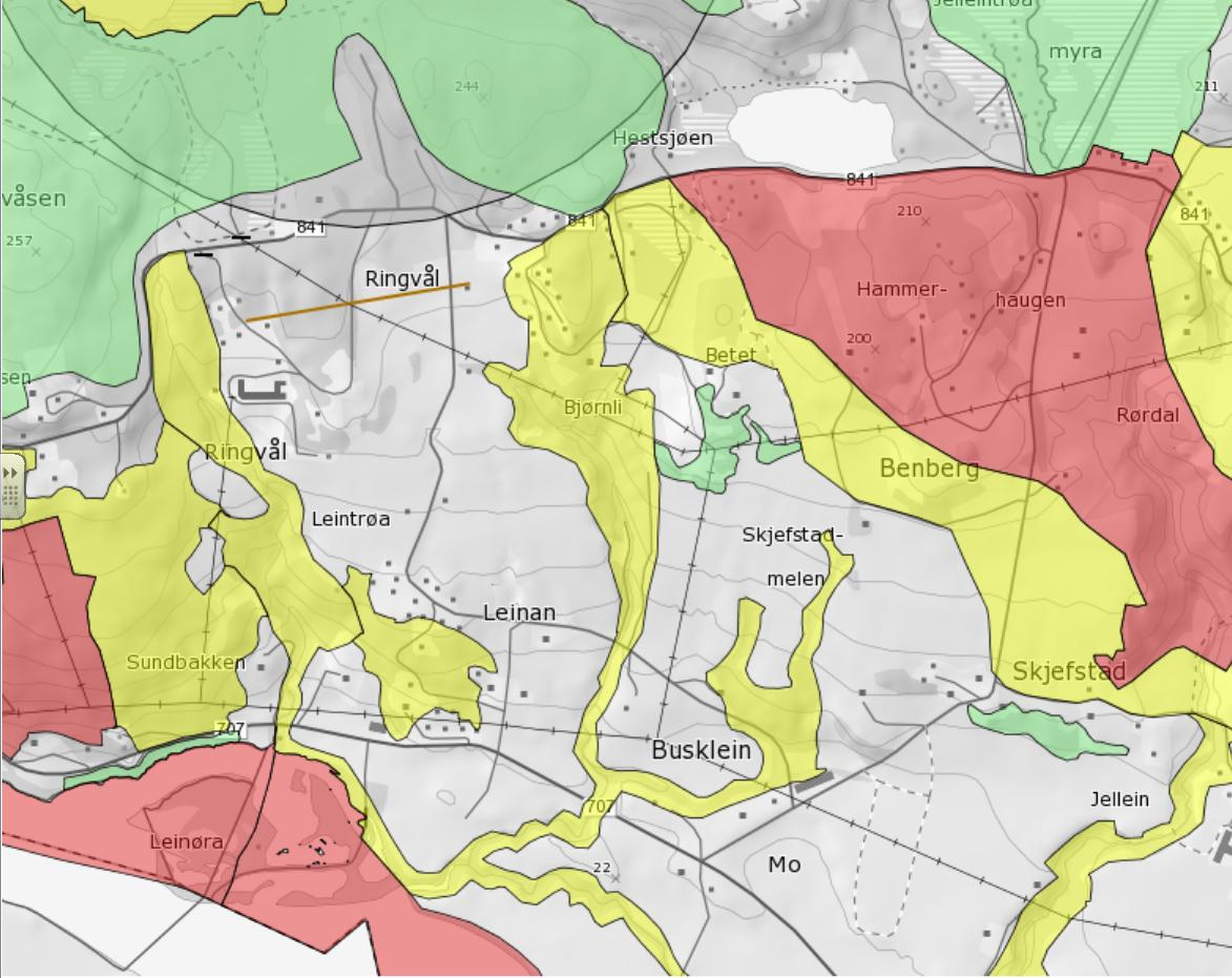 Figur 3. Utsnitt av Trondheim kommunes viltkart. Områder vist med rødt har verdi A Svært viktig viltområde, gult har verdi B Viktig viltområde, og grønt har verdi C Områder med viltinteresser.