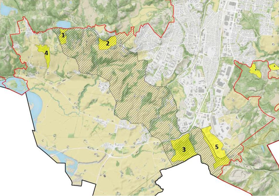 Figur 4. Kart hentet fra notat fra ekspertmøte om Leinstrandskorridorens økologiske funksjon av dato 15.12.2014. Dålån nord for Leinbakkan, er merket 4, utenfor hensynssone viltkorridor.