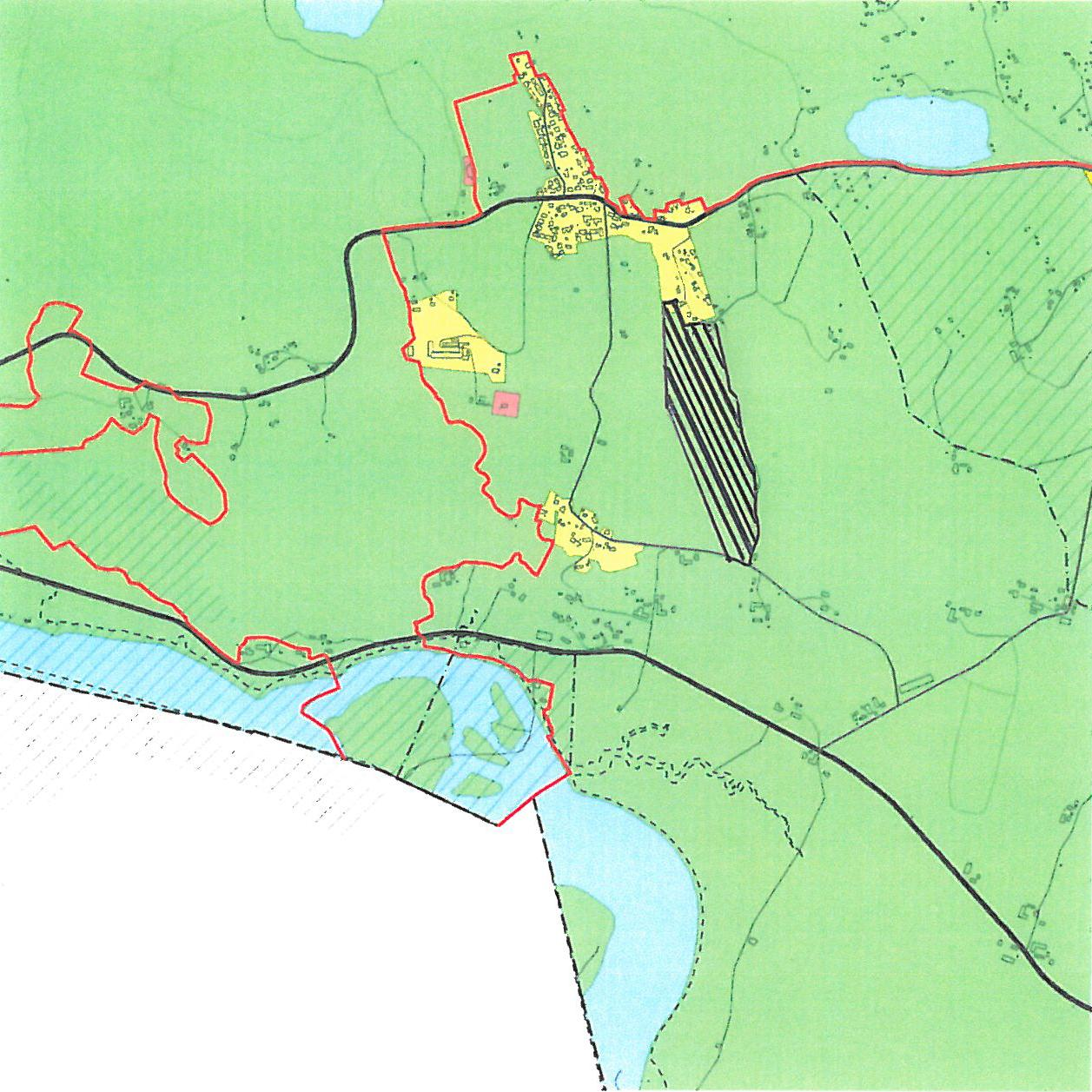 Figur 5. Utsnitt fra KPA hvor grønn farge viser LNF-område og skravur viser bevaring av naturmiljø, viltkorridor. Markering av planområdet merket med svart skravur omtrent midt i kartet.
