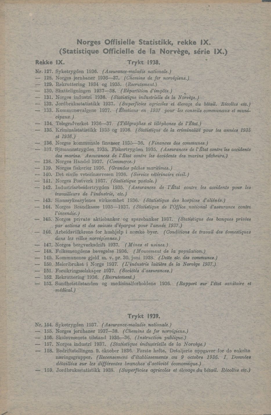Norges Offisielle Statistikk, rekke IX. (Statistique Officielle de la Norvège, série IX.) Rekke IX. Trykt 1938. Nr. 127. Syketrygden 1936. (Assurance-maladie nationale.) - 128.