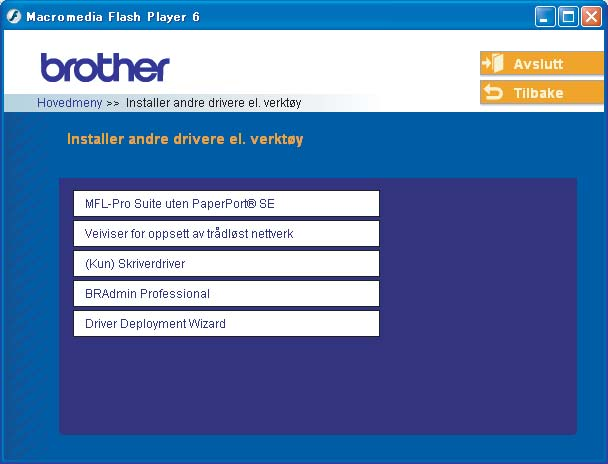 Trådløs konfigurasjon for Windows d Hovedmenyen for CD-ROM-en vises. Klikk på Installer andre drivere el. verktøy.