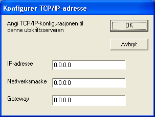Veiviser for driverdistribusjon (kun for Windows ) Stille inn IP-adresse 7 Hvis skriveren ikke har en IP-adresse vil veiviseren gjøre at du kan endre IP-adressen ved å velge skriveren fra listen og