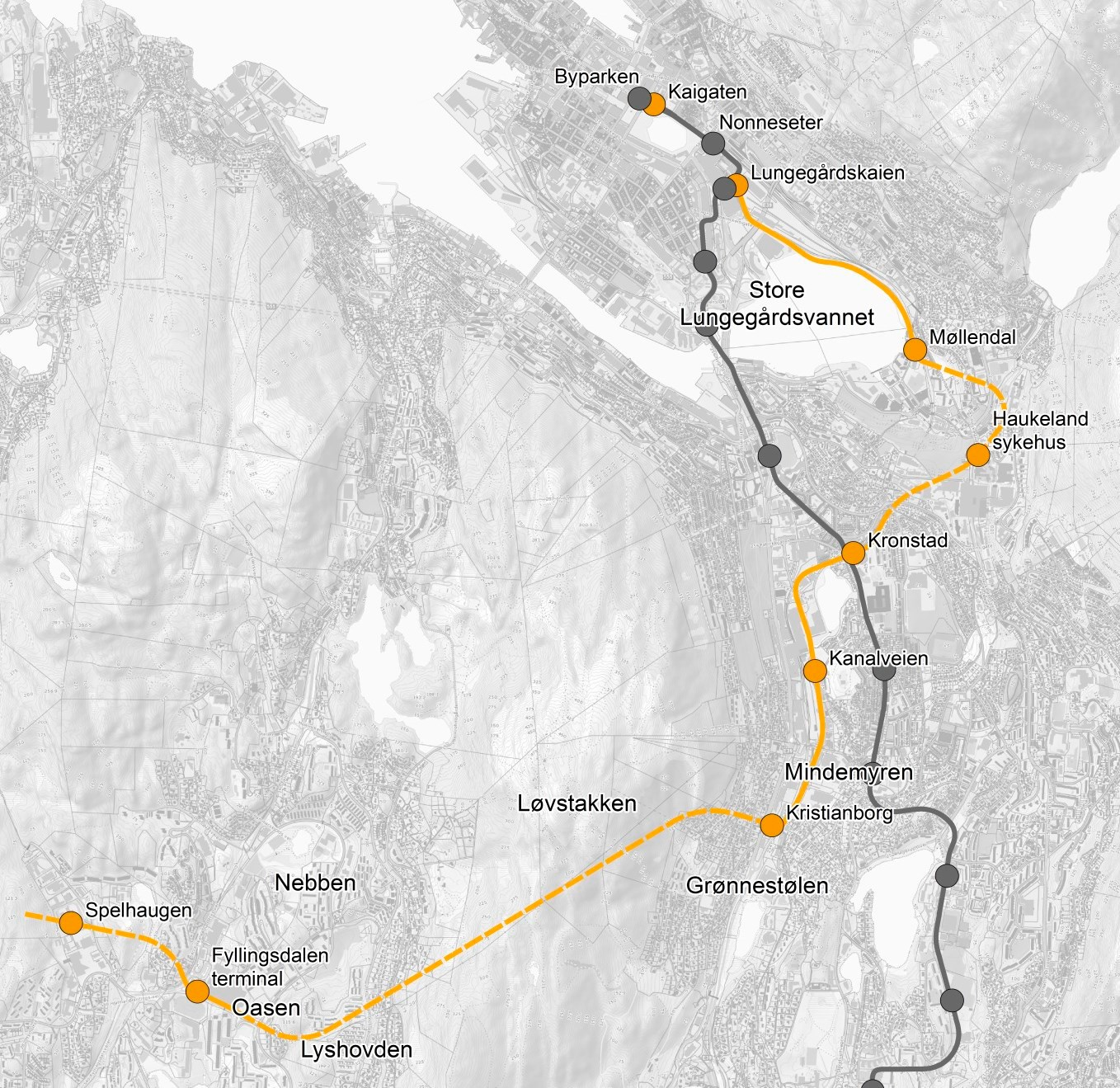 En rekke politiske vedtak, planer og utredninger ligger til grunn for oppstart av reguleringsplaner for bybanetrasé mellom Bergen sentrum og Fyllingsdalen.