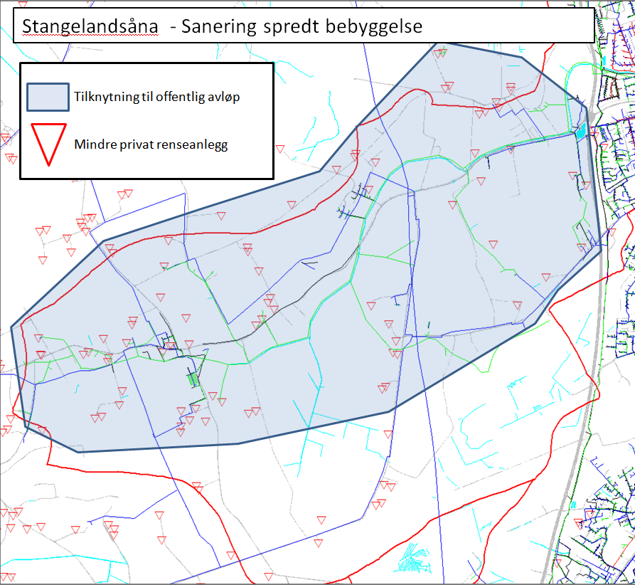 Figur 6. Saneringsområde Stangelandsåna LNF. Kilde: Gemini VA Sandnes og WebGIS-Avløp Sandnes. 6.3 Informasjonstiltak For alle de som må gjøre tiltak på det private avløpsanlegget vil det medføre en stor investering.