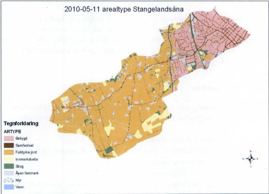 Figur 3: Arealtyper i Stangelandsånas nedbørsfelt (Sintef rapport SBF 2011 F0007). Stangelandsåna går åpen ned til RV44 ved Foren.