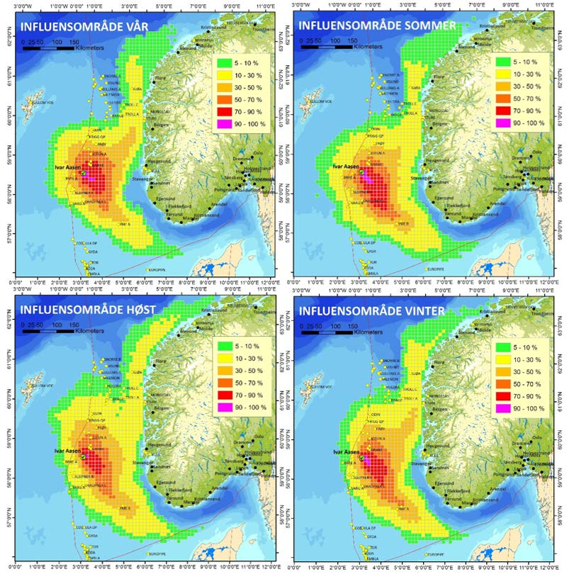 48 of 72 Figur 10.7-1 Influensområde for overflateutblåsning fra Ivar Aasen i sesongene vår (mars-mai), sommer (juni-august), høst (september-november) og vinter (desember-februar).