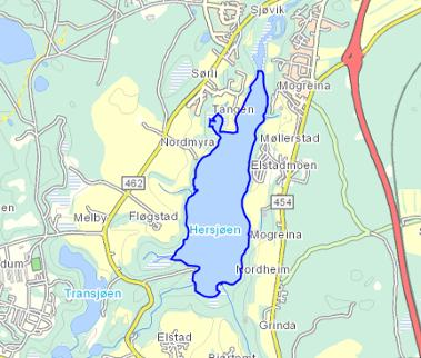 VF: Hersjøen i Ullensaker Gjelder kun innsjøen Hersjøen (i Ullensaker), markert med mørkeblått. Bilde av sjøen, sett fra sørenden. Type: Innsjøvannforekomst Vanntype: LN1. Kalkrik, klar, klar. ID/Nr.