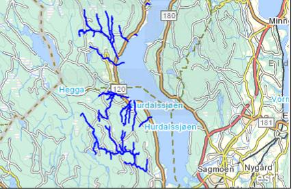 VF: Tilløpsbekker til Hurdalsjøen vest Gjelder kun de vassdragsstrengene inkl. innsjøene som er markert ut med mørkeblått. Bildet er av Honsjøen.