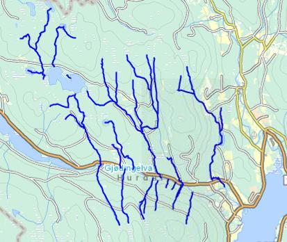 VF: Tilløpsbekker Gjødingelva Gjelder innsjøer, tjern og bekker som drenerer til Gjødingelva, og som er markert ut med mørkeblått.
