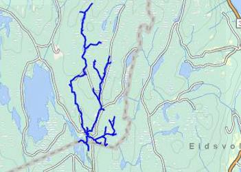 VF: Steinsjøvassdraget, øvre del Gjelder kun de vassdragsstrengene inkl. innsjøene som er markert ut med mørke blå linje. Bildet er fra vassdraget like før innløpet til Steinsjøen.