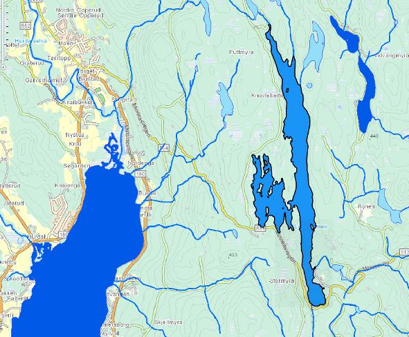 VF: Tisjøen Gjelder kun innsjøen Tisjøen. Bildet er tatt på høydedraget sørøst for innsjøen. Type: Innsjøvannsforekomst Vanntype: Små-middels, kalkfattig, klar ID/Nr. 002-