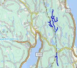 VF: Tilløpsbekker Tisjøen Gjelder bekker og innsjøer til Tisjøen, som er markert ut med mørke blå linje. Type: Elvevannsforekomst Vanntype: Små, kalkfattig, klar ID/Nr. 002-
