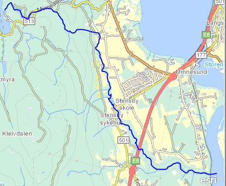 VF: Stensbyelva Gjelder selve Stensbyelva, markert ut med mørkeblå linje. Bildet er tatt nedenfor krysningen med E6, før samløpet med Tømtebekken.