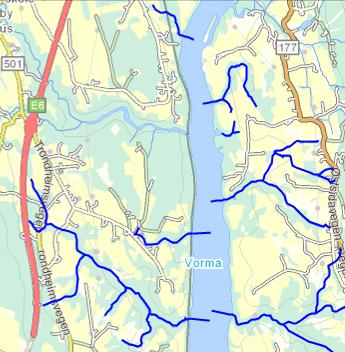 VF: Tilløpsbekker Vorma nord for Sundet Gjelder mindre delnedbørsfelter som drenerer til Vorma, markert ut med mørkeblå linje.