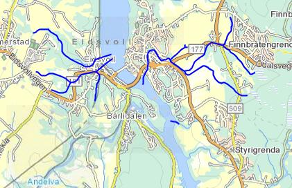 VF: Sentrumsbekkene Eidsvoll Gjelder mindre delnedbørsfelter i Eidsvoll sentrum som drenerer til Vorma, markert ut med mørkeblå linje.