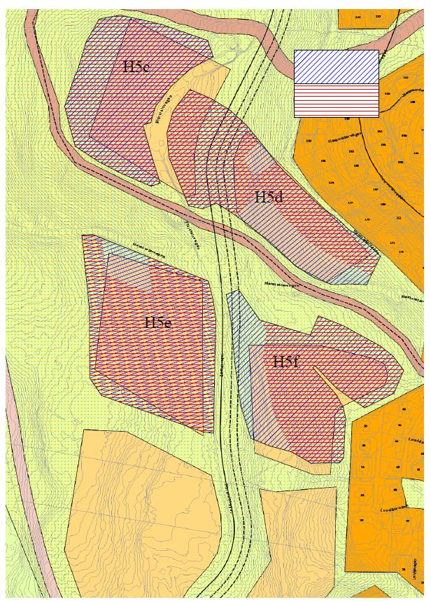 6 Rød horisontal skravur viser byggeområder i fremlagte områdeplan ved sluttbehandling. Blå skråskravur viser byggeområder i hht kommunestyrets vedtak Areal/arealbruk: Areal ca.
