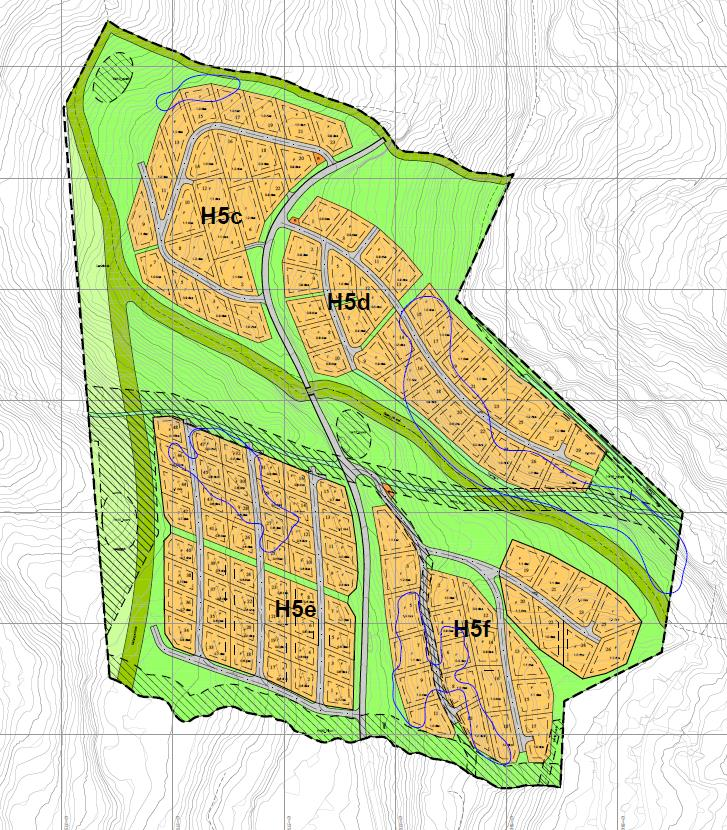 8 Forslag til detaljplan for Bjørgesetra. Det er ikke varslet oppstart for denne planen og planen er ikke tatt opp til planbehandling. blå omriss viser bratte områder.
